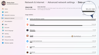 Data usage screen listing System and Windows Update at 93.22 GB followed by brave.exe at 74.16 GB over 30 days.-1