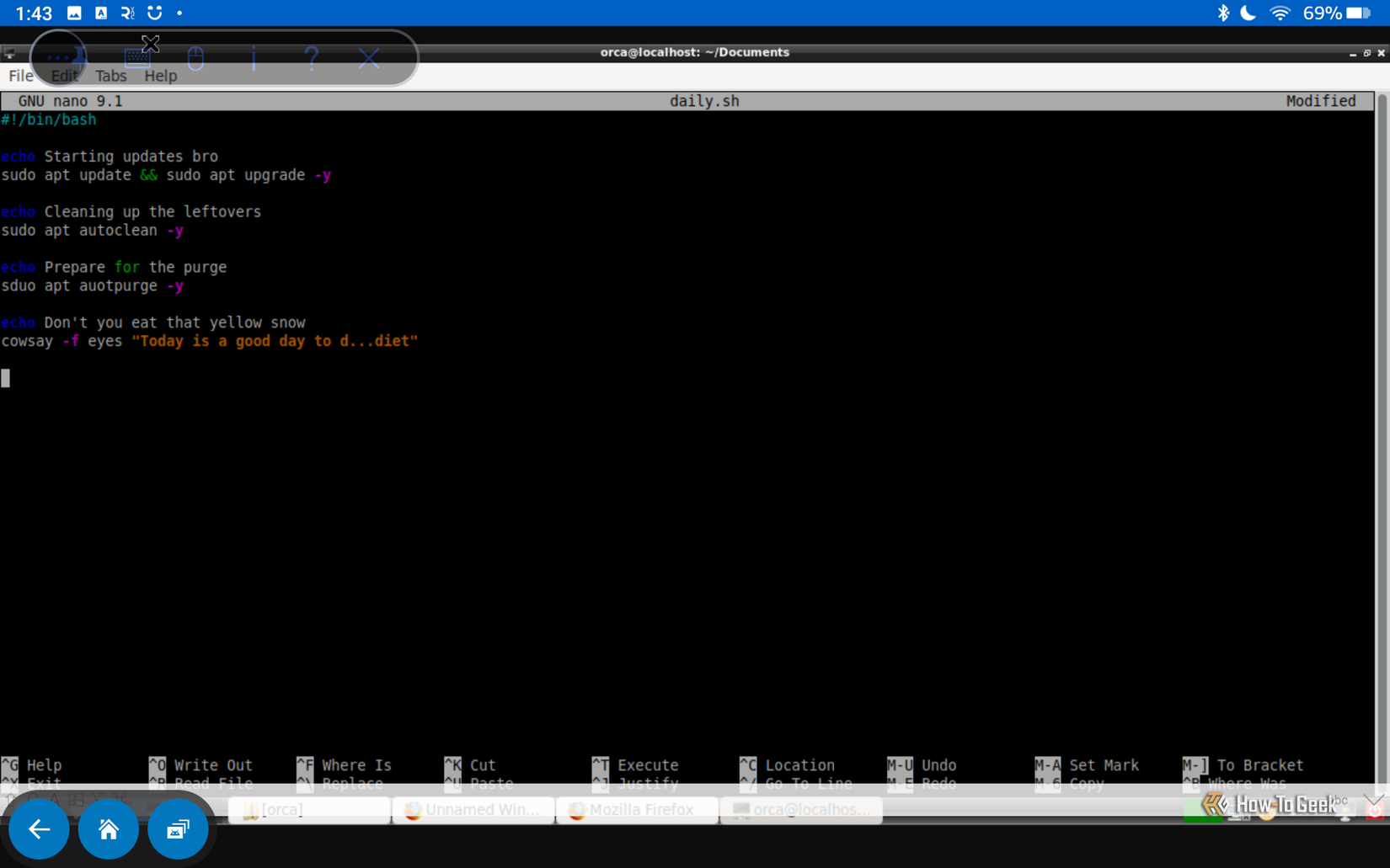 Writing a bash script in Debian on a tablet.