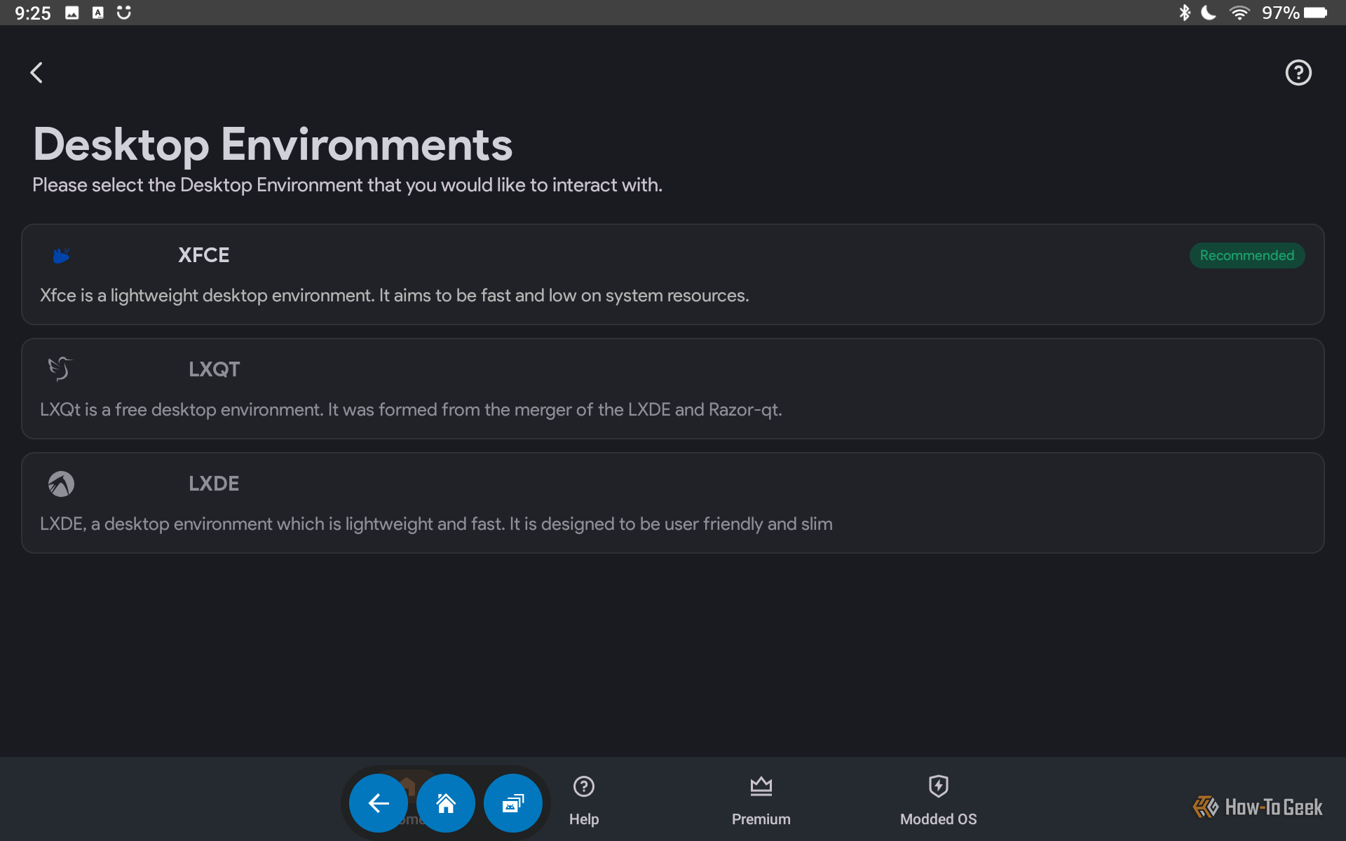 Choosing a desktop environment in Andronix.