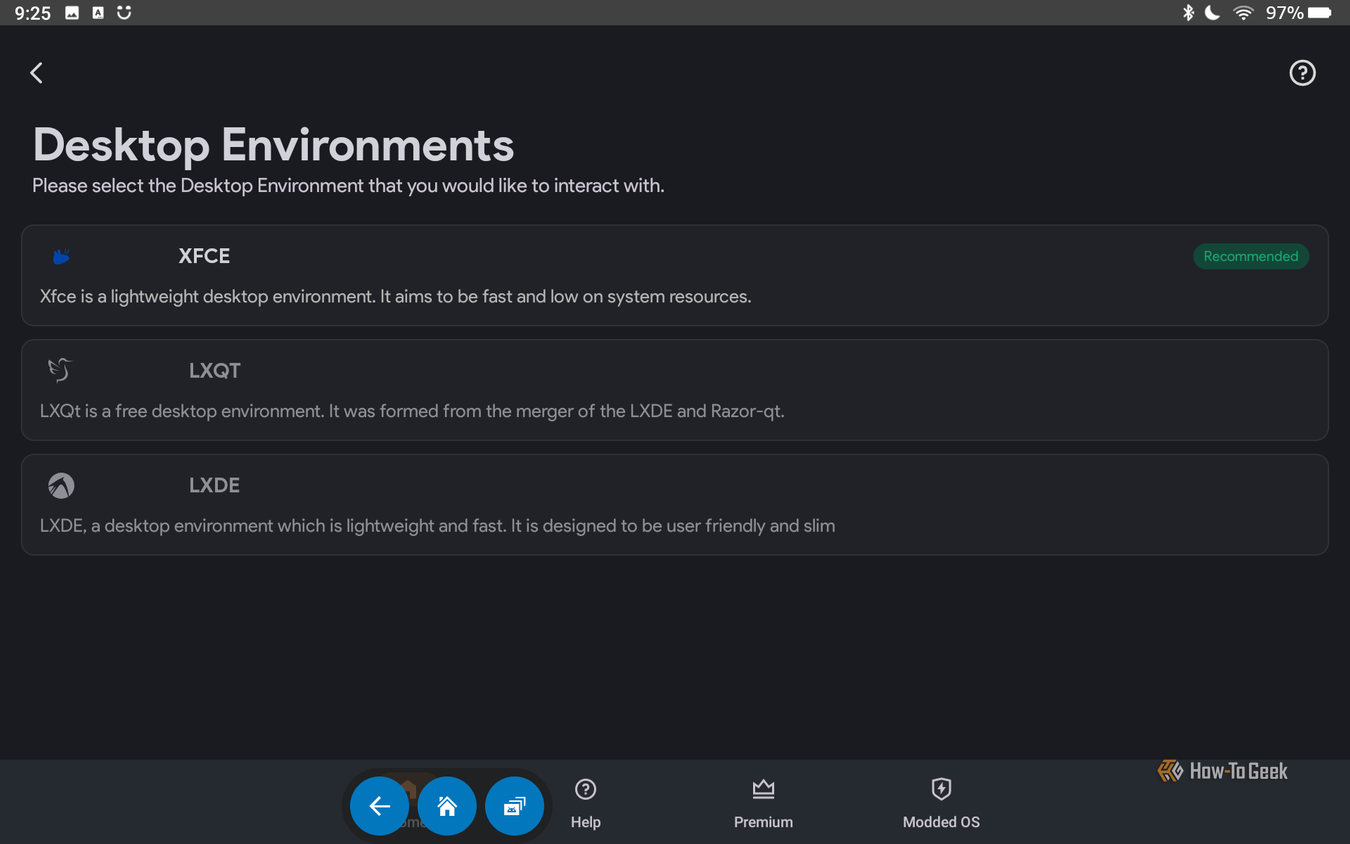 Choosing a desktop environment in Andronix.