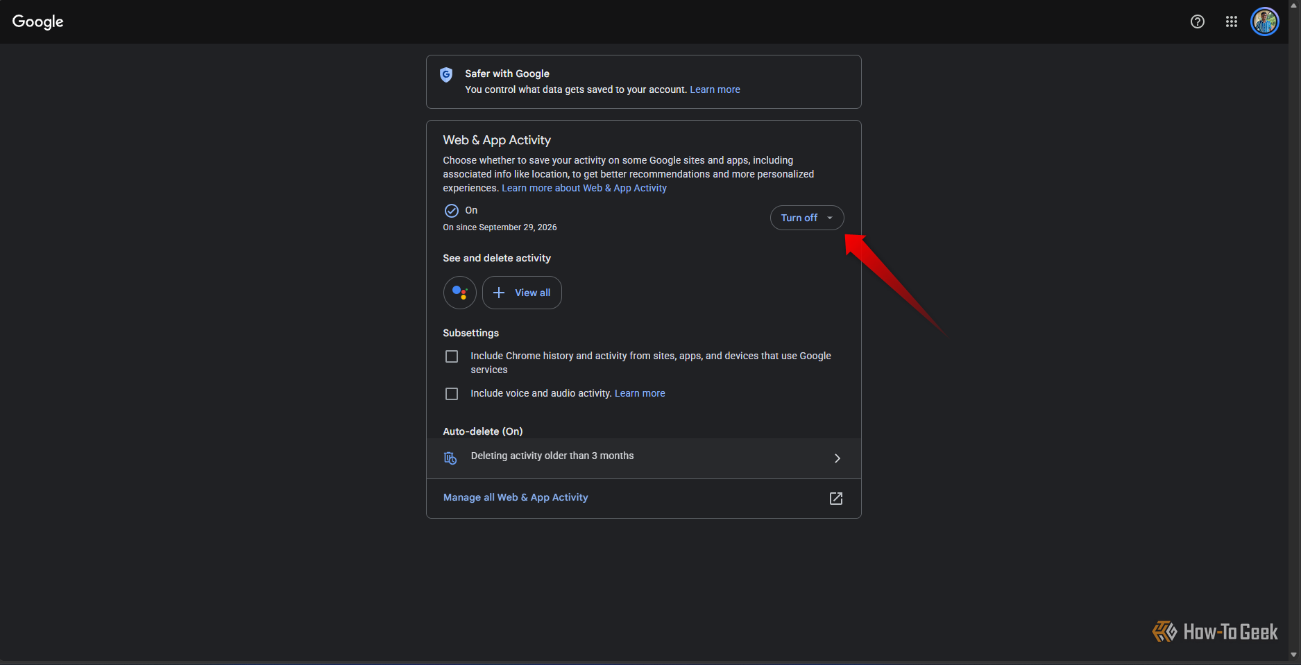 Google Account Web & App Activity settings page showing the activity tracking option switched on, with a highlighted “Turn off” button