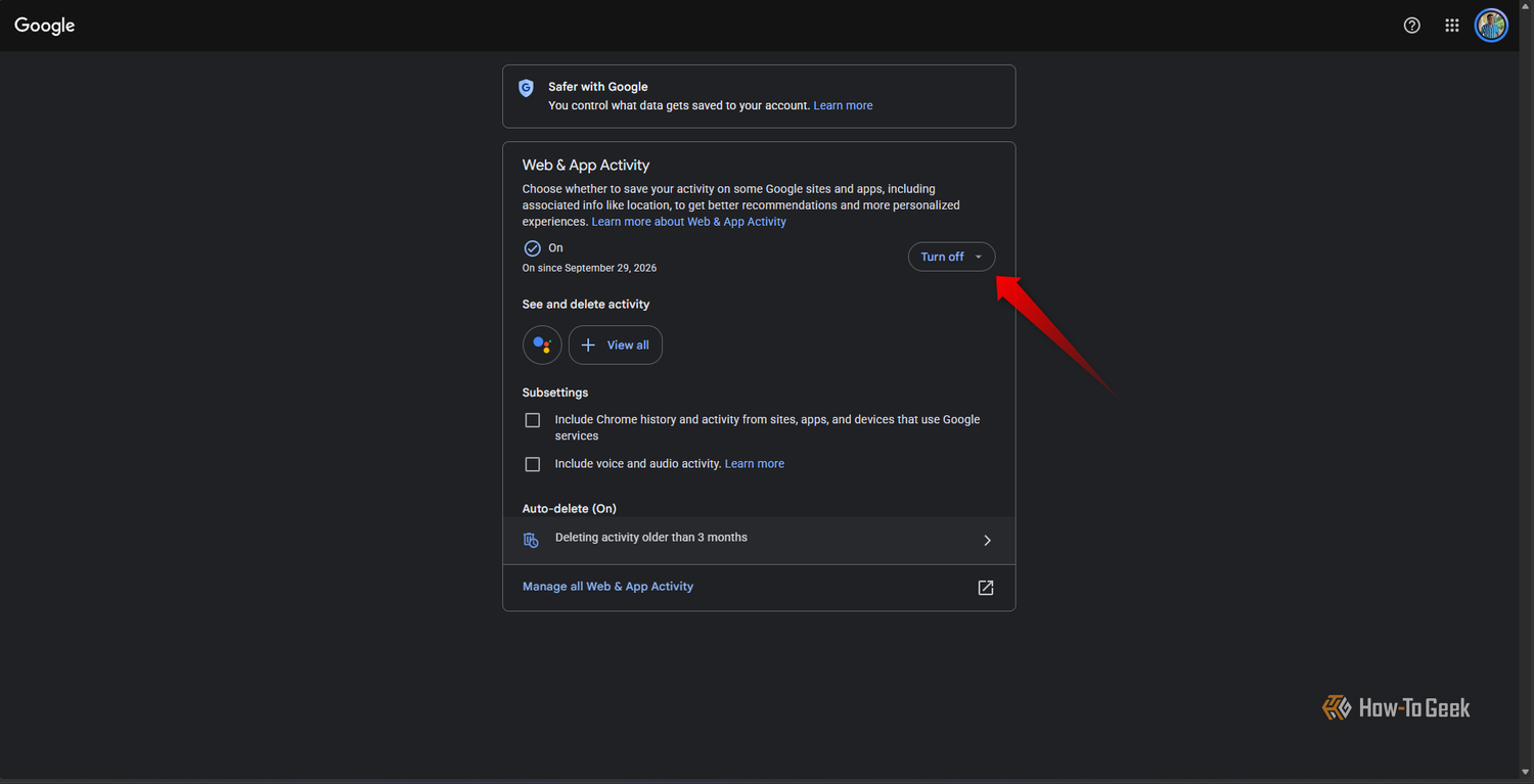 Google Account Web & App Activity settings page showing the activity tracking option switched on, with a highlighted “Turn off” button