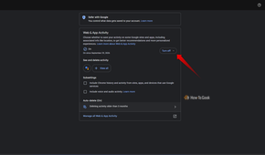 Google Account Web & App Activity settings page showing the activity tracking option switched on, with a highlighted “Turn off” button