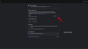 Google Account Web & App Activity settings page showing the activity tracking option switched on, with a highlighted “Turn off” button