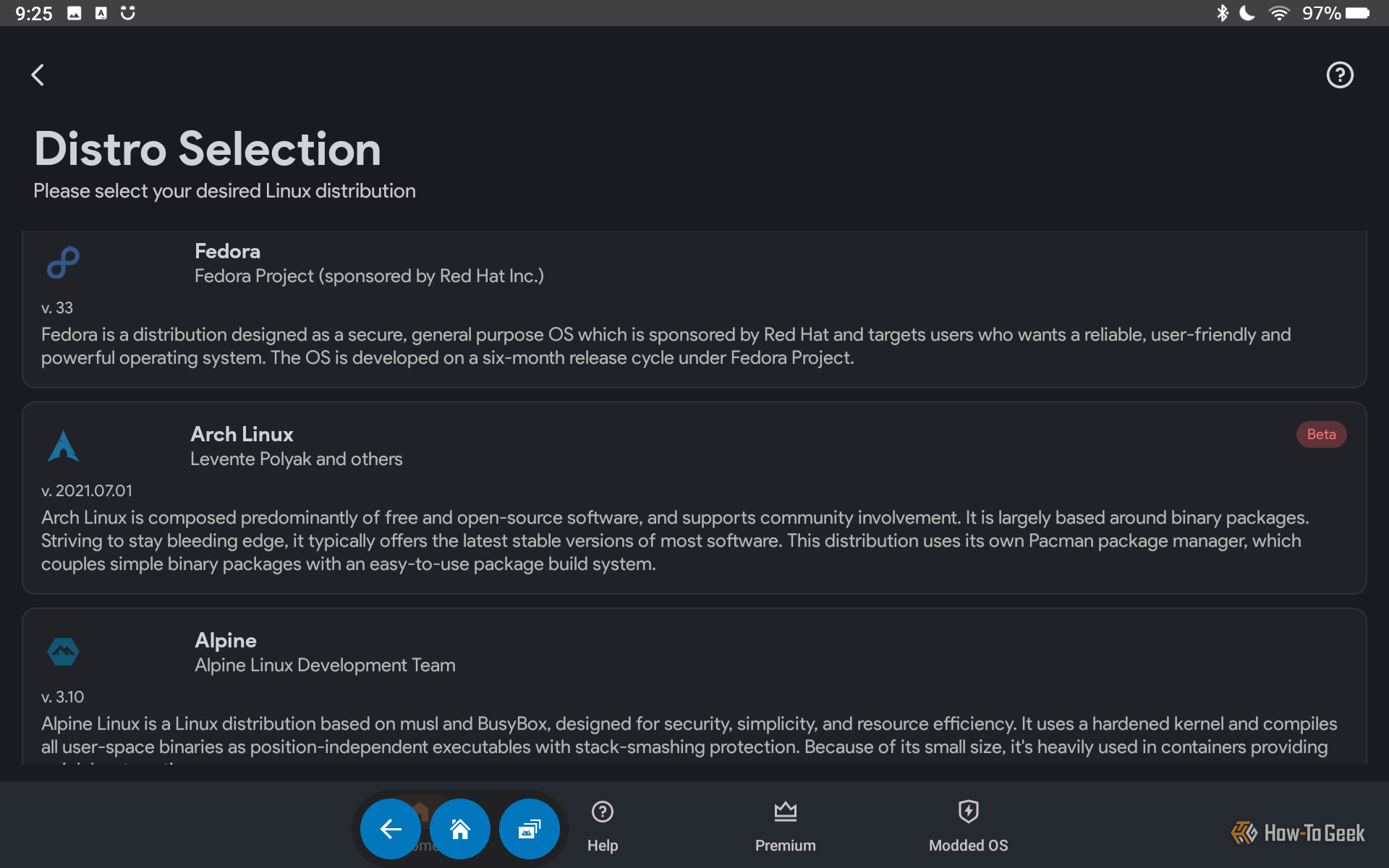 Selecting a distro to install in Andronix.