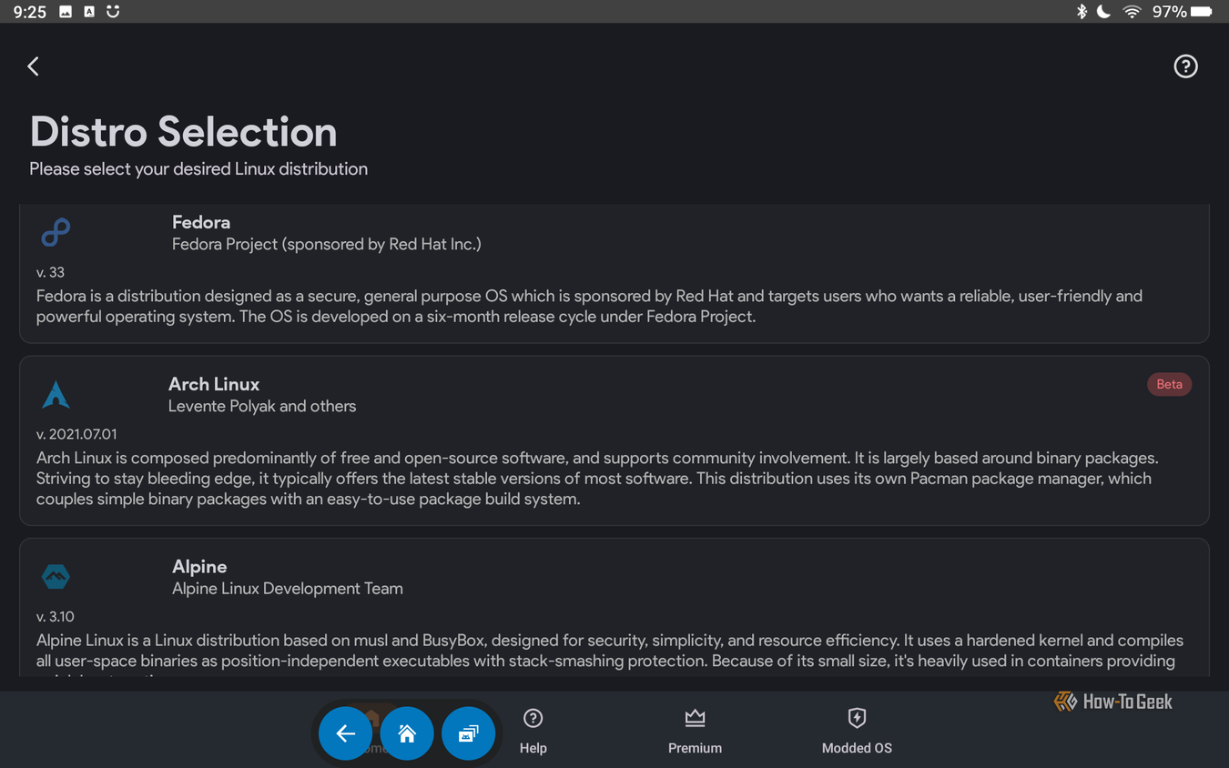 Selecting a distro to install in Andronix.