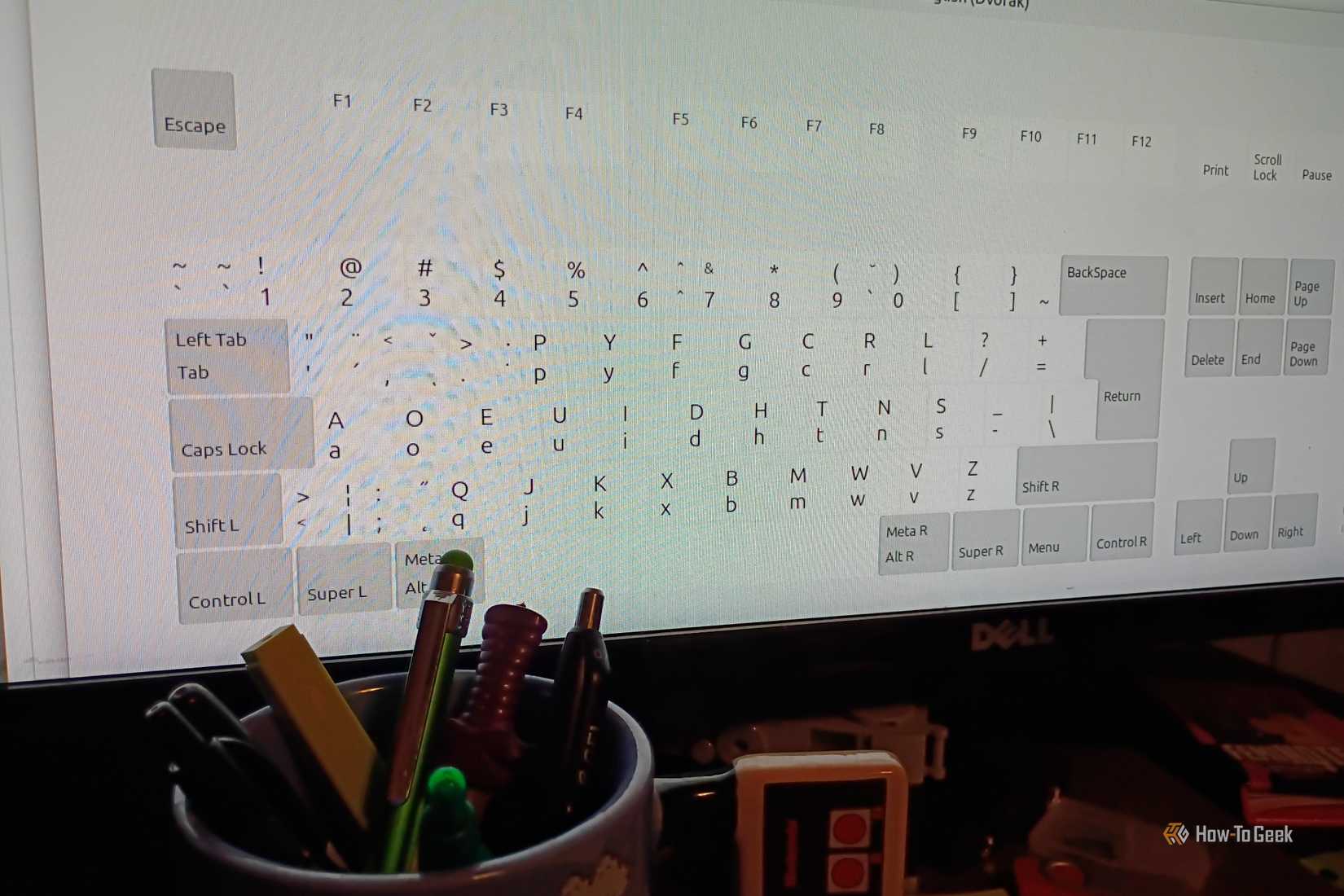 Личный опыт: переход на раскладку клавиатуры Dvorak вместо QWERTY раскладка Dvorak на мониторе рядом с чашкой для ручек