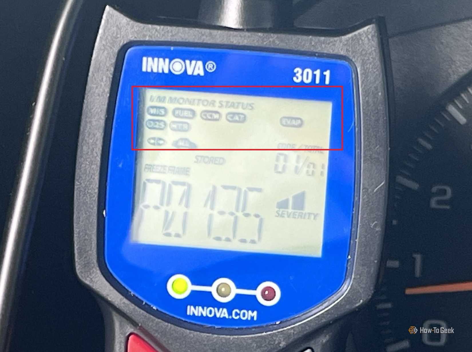 An Innova 3011 screen showing OBD-II emissions readiness monitor status.