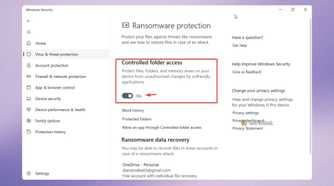 Enabling the Controlled Folder Access option in Windows Security settings.