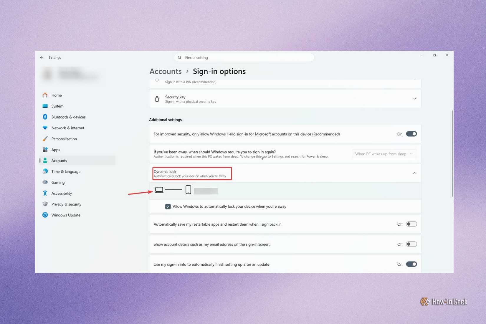 Enabling the Dynamic Lock feature in Windows.