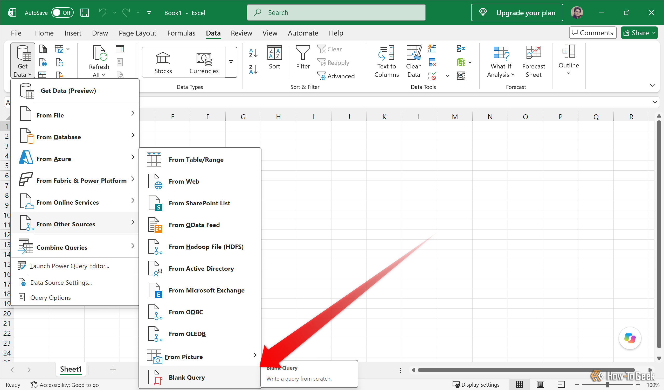Excel Data tab with Get Data  From Other Sources  Blank Query selected.