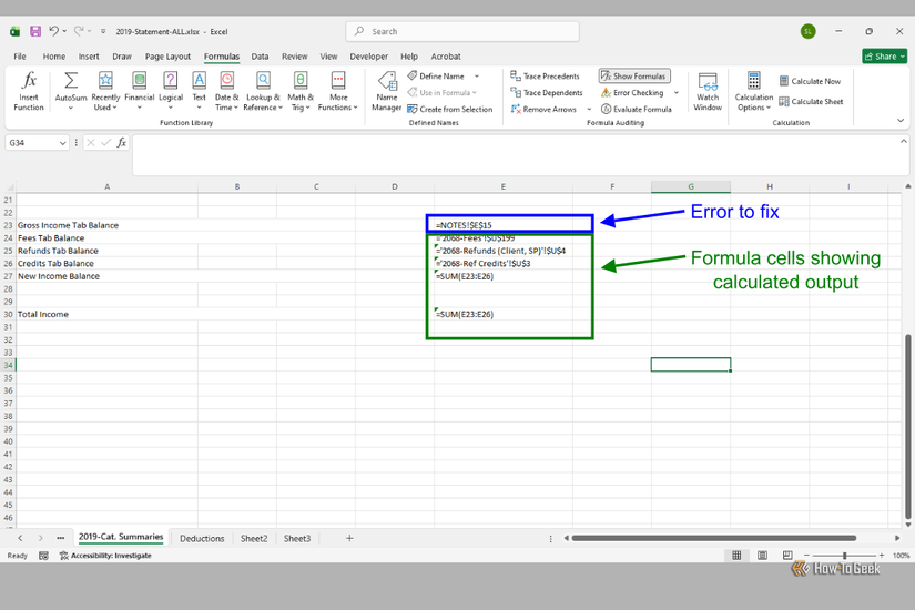 Таблица Excel с раскрытыми формулами в ячейках