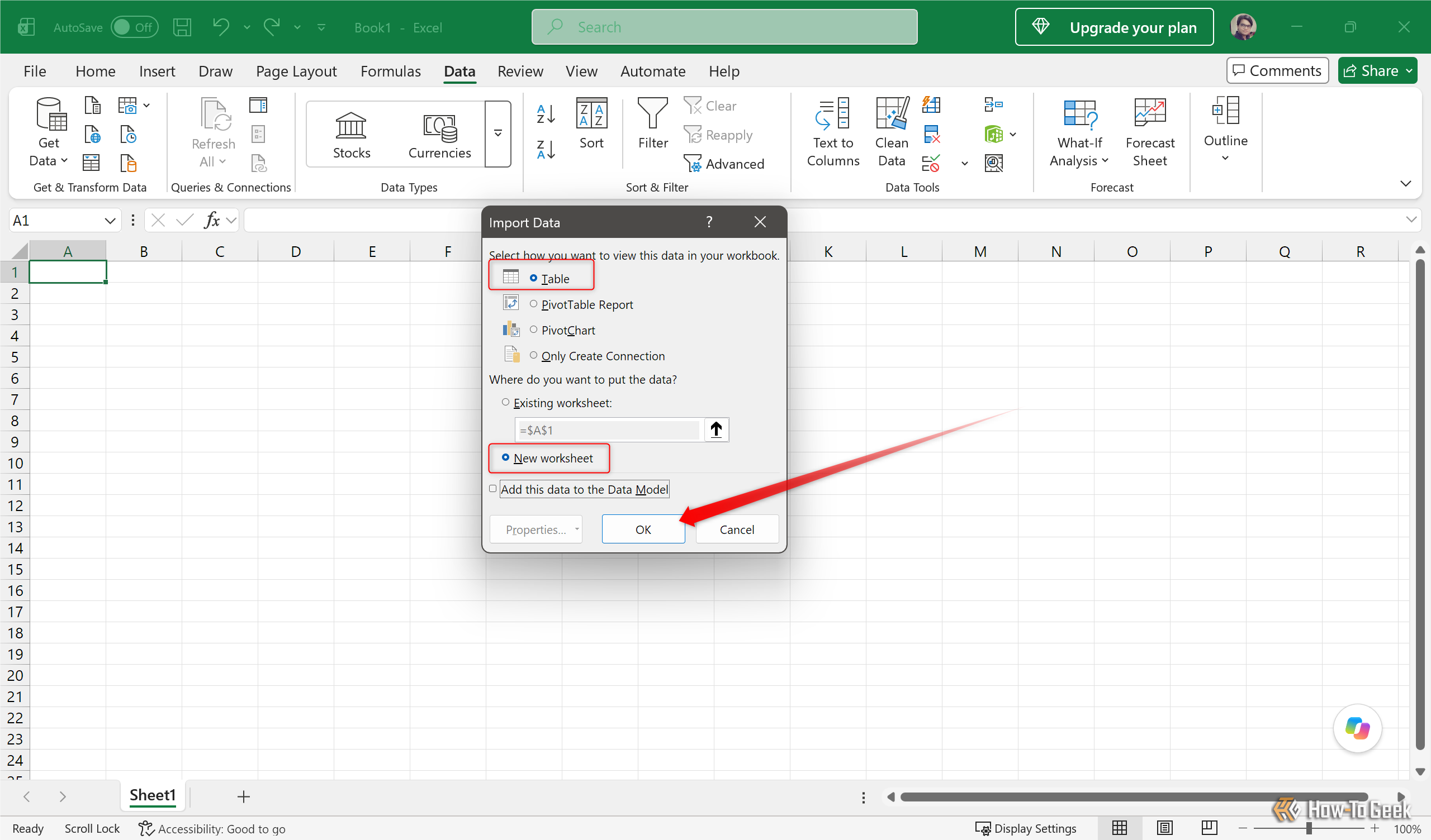 Excel Import Data dialog with Table and New worksheet selected before clicking OK.