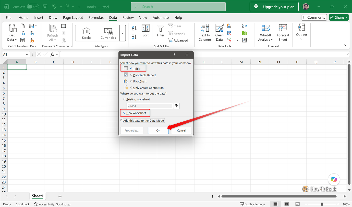 Excel Import Data dialog with Table and New worksheet selected before clicking OK.