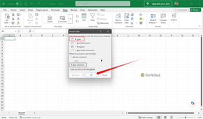 Excel Import Data dialog with Table and New worksheet selected before clicking OK.