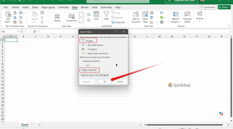 Excel Import Data dialog with Table and New worksheet selected before clicking OK.