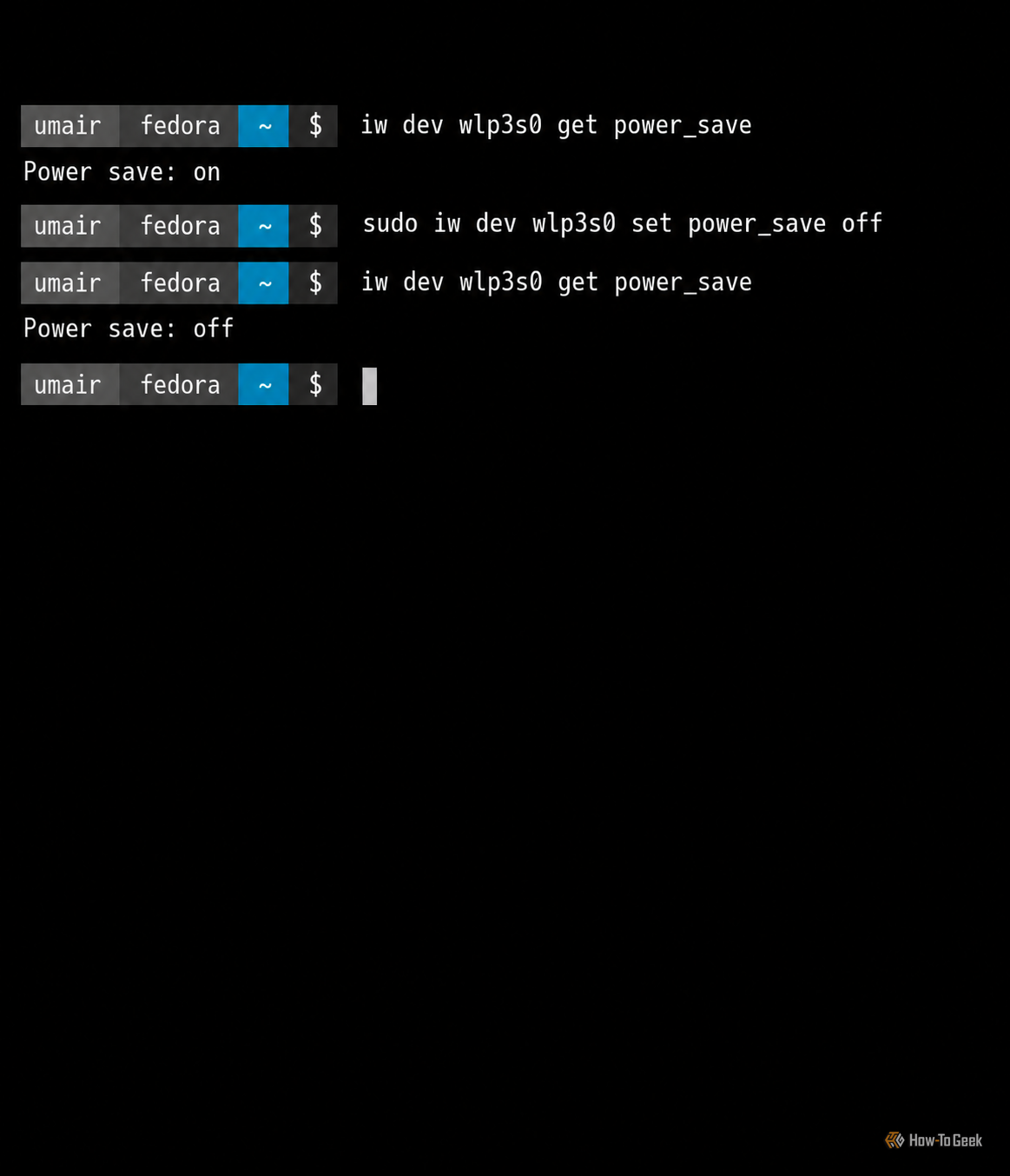 Fedora Terminal Wi-Fi Power Save Commands