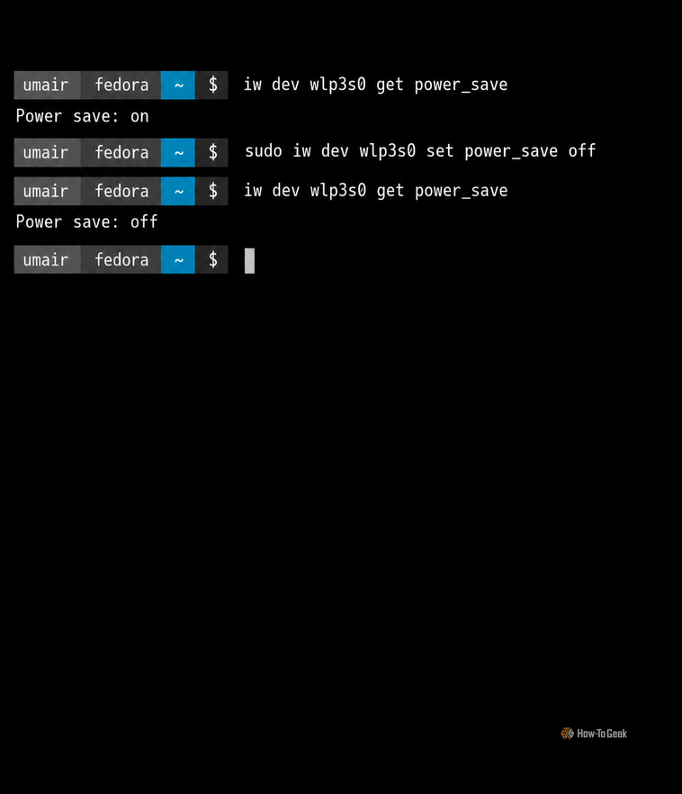 Fedora Terminal Wi-Fi Power Save Commands