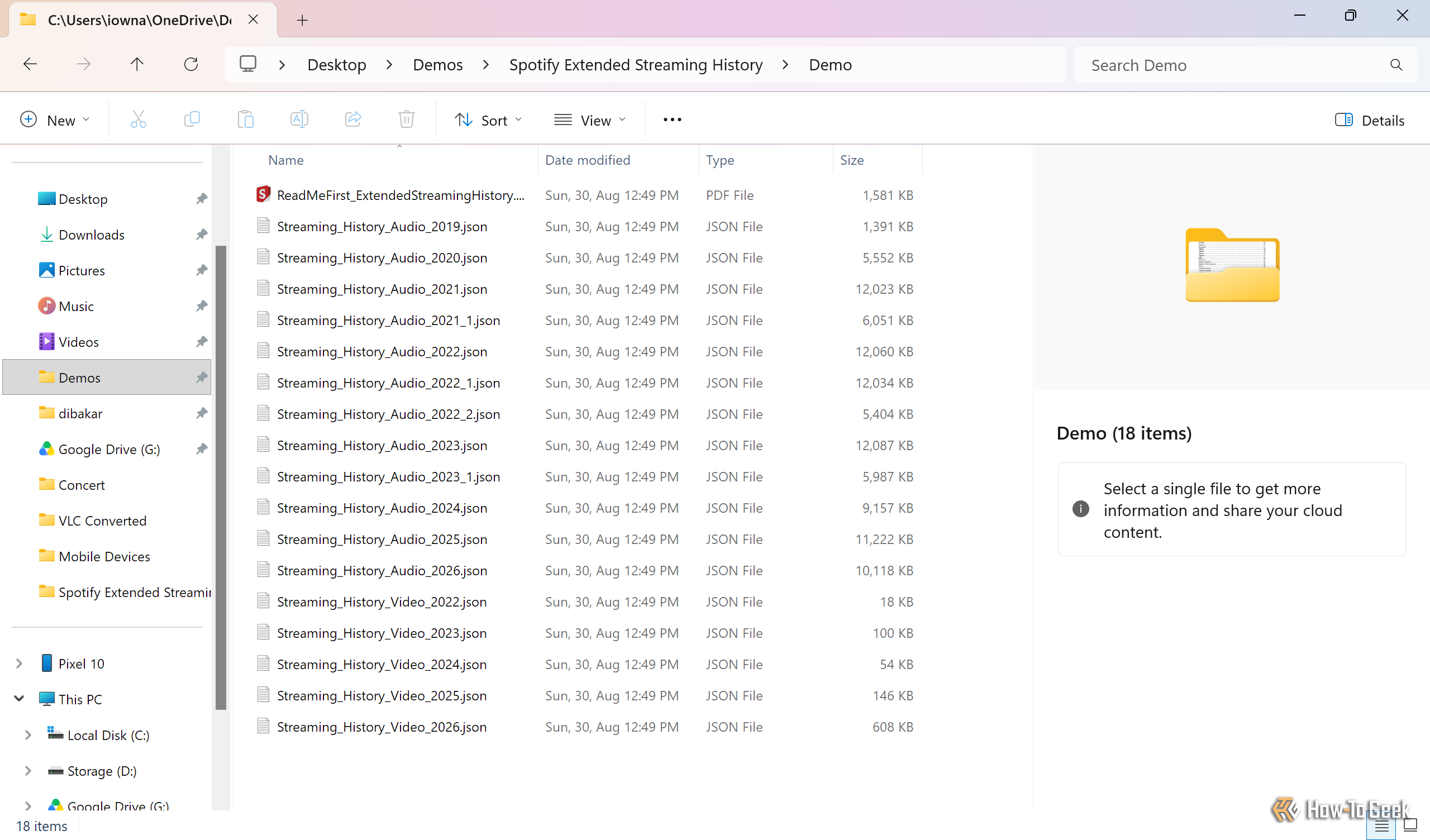 File Explorer showing the unzipped Spotify export with Streaming_History_Audio JSON files from 2019 to 2026.