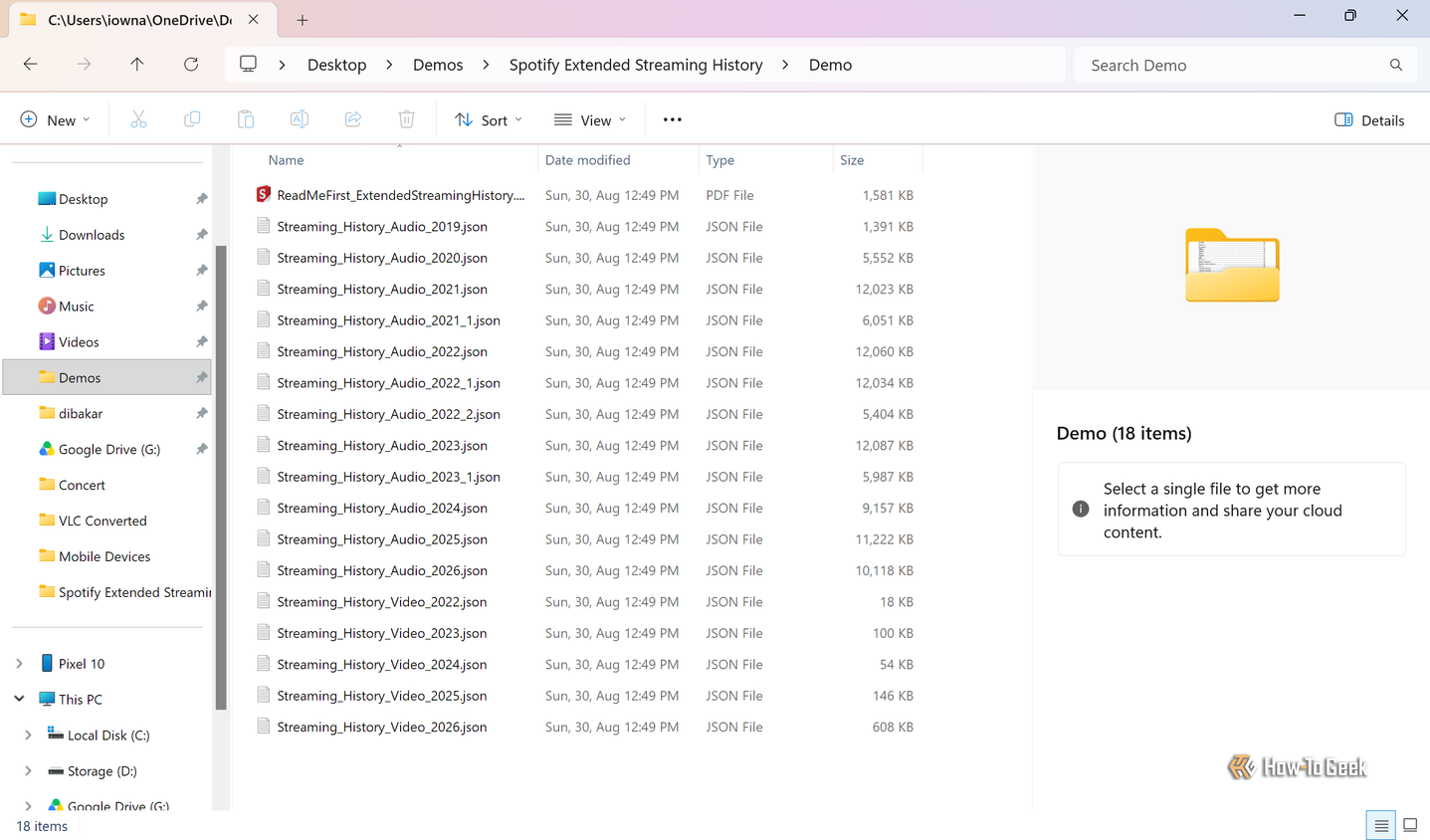File Explorer showing the unzipped Spotify export with Streaming_History_Audio JSON files from 2019 to 2026.