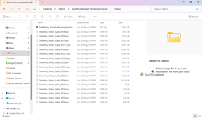 File Explorer showing the unzipped Spotify export with Streaming_History_Audio JSON files from 2019 to 2026.