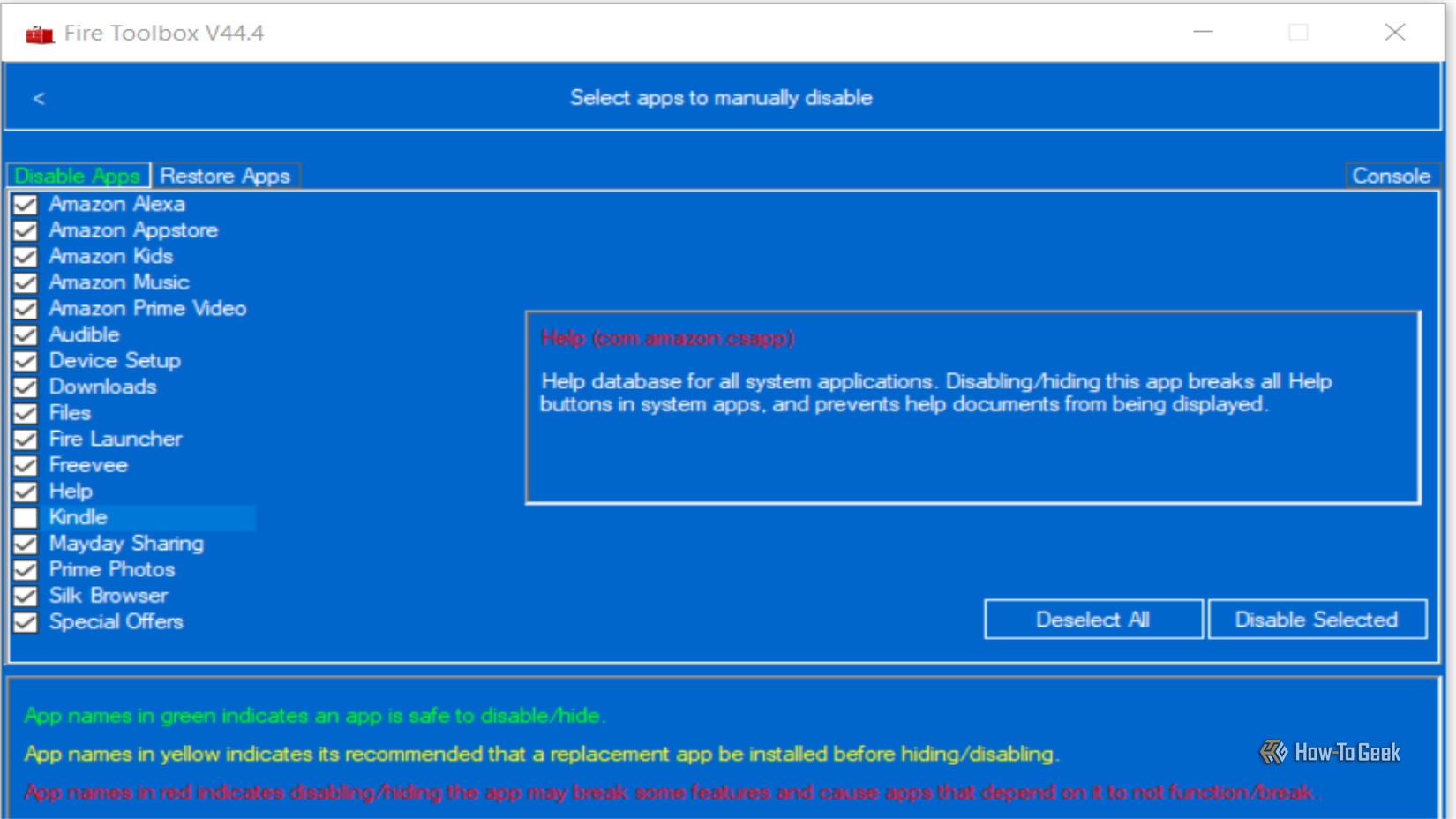 A blue window in Fire Toolbox with a list of Amazon apps being prepared for removal.
