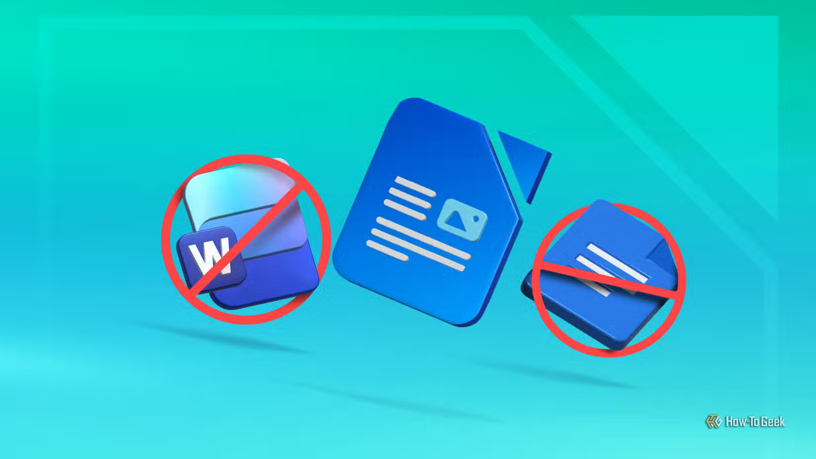 Floating icons of Microsoft Word and Google Docs with red circle-slash symbols, flanking a central LibreOffice Writer icon on a teal background. 
