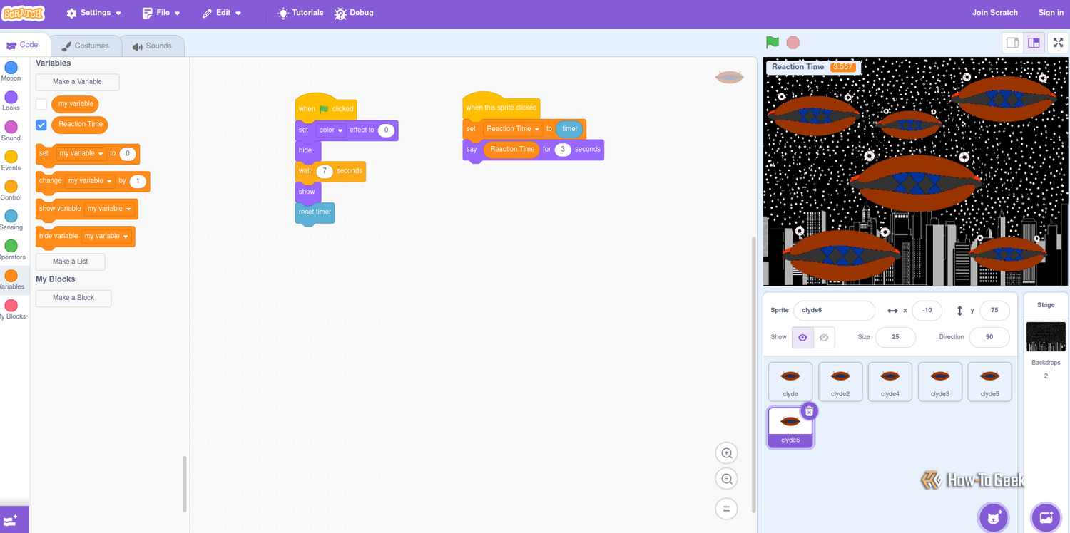 Создание приложений без кода: как работает визуальная среда Scratch Рабочее пространство Scratch с блоками кода для игры на скорость реакции