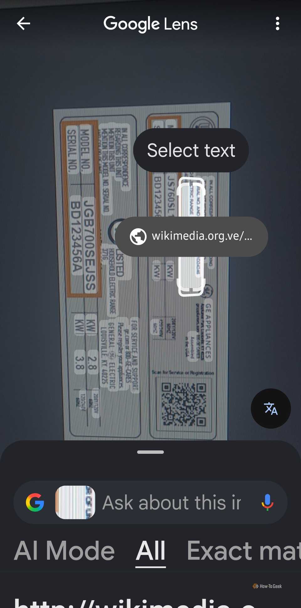 Getting model numbers and such using Google Lens