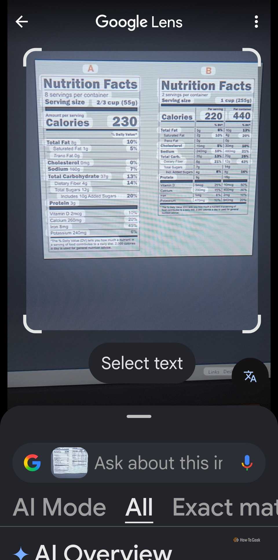 Getting nutritional informaiton using Google Lens