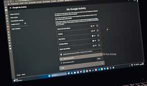 Google My Activity page on a laptop showing activity controls for Search Services History, Timeline, Play History, YouTube History, and Web & App Activity