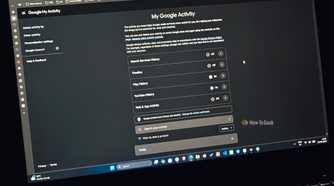 Google My Activity page on a laptop showing activity controls for Search Services History, Timeline, Play History, YouTube History, and Web & App Activity