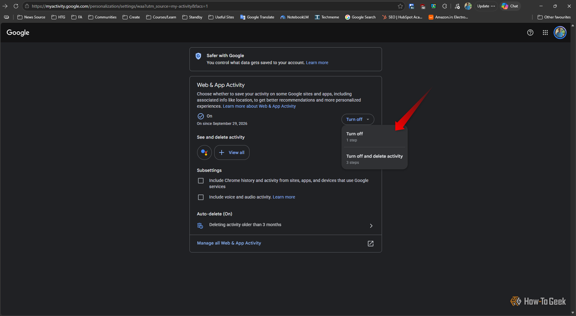 Google Account Web & App Activity settings page with the “Turn off” menu open, showing options to turn off activity or turn it off and delete activity.