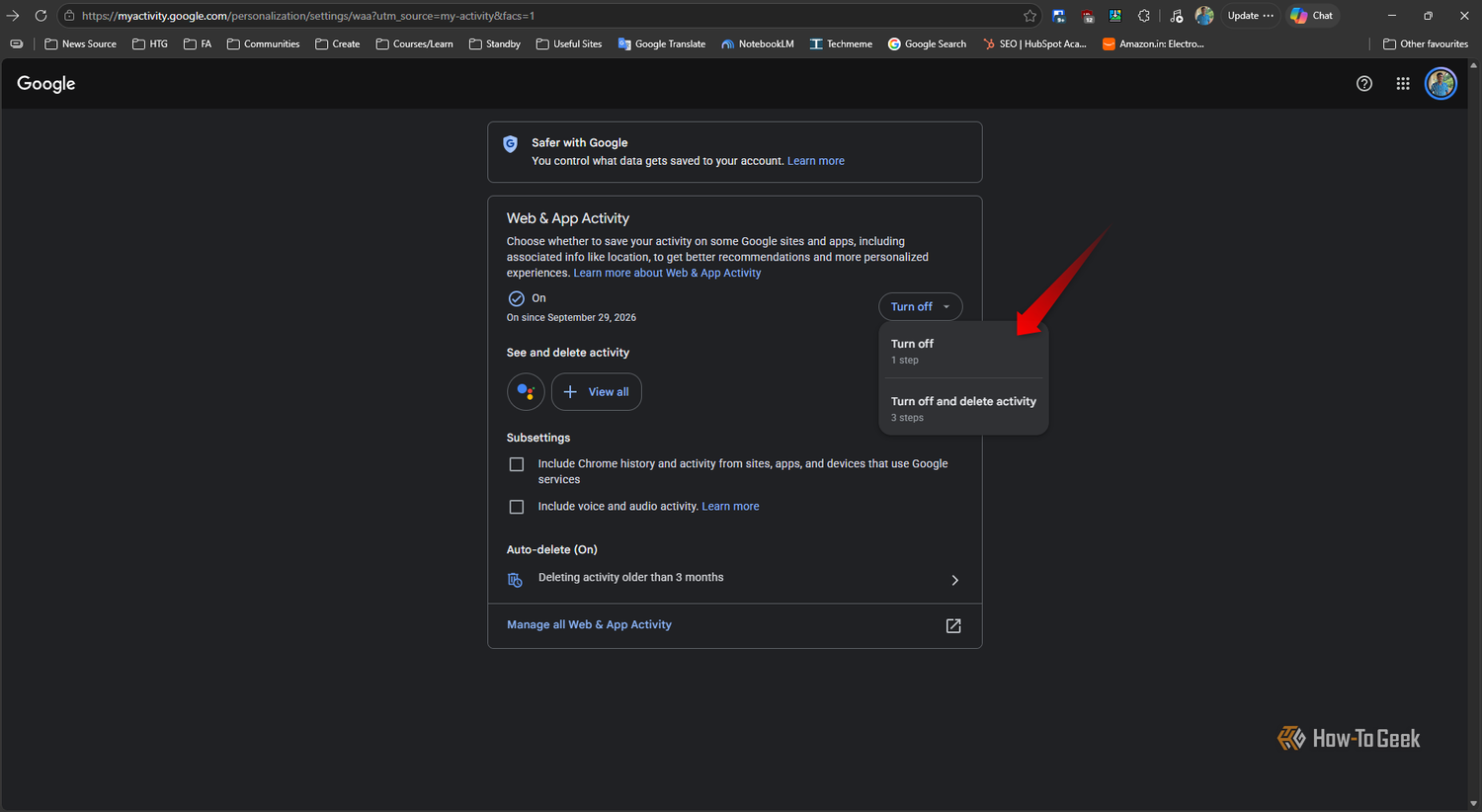 Google Account Web & App Activity settings page with the “Turn off” menu open, showing options to turn off activity or turn it off and delete activity.