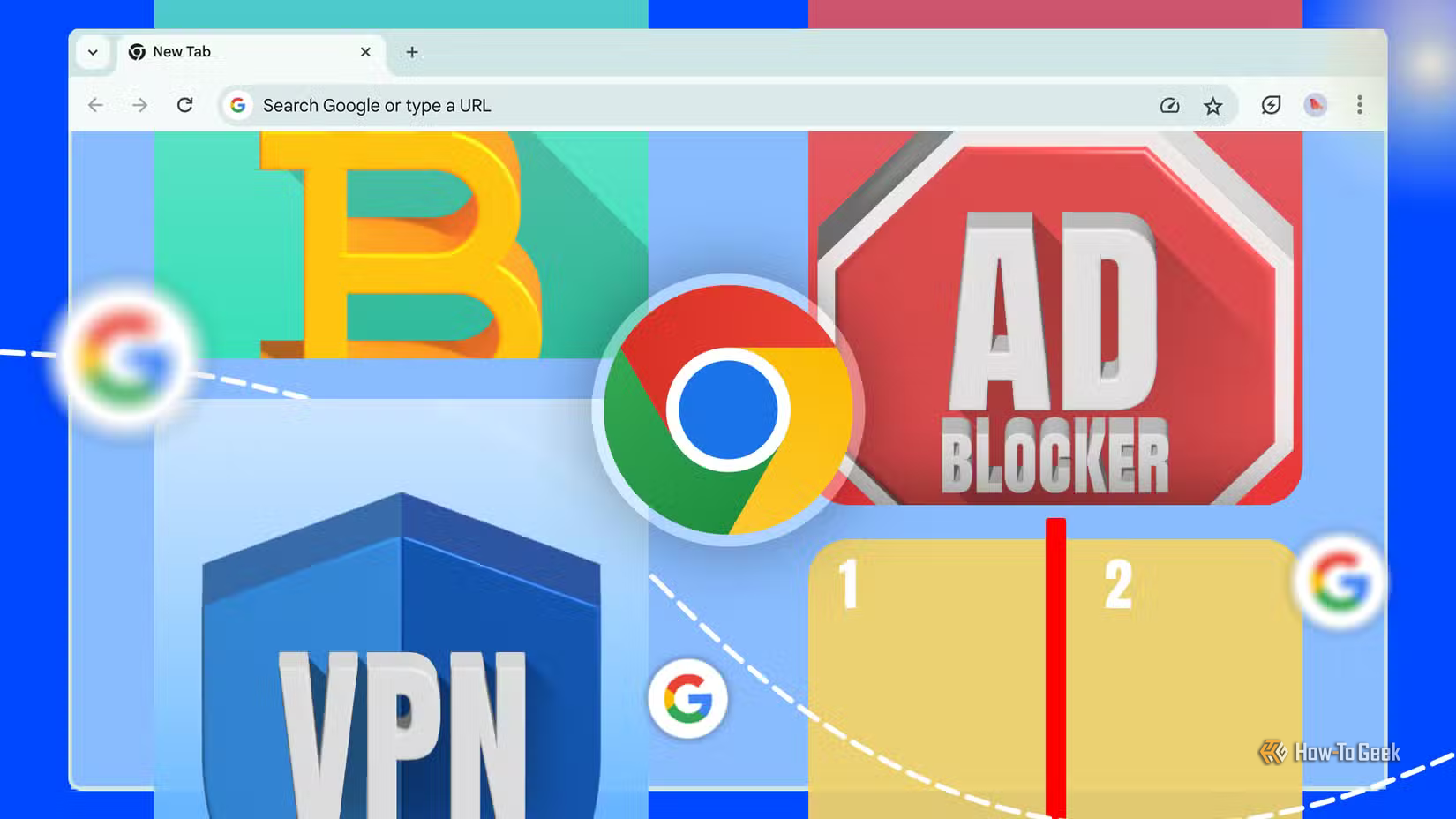Google Chrome のロゴの隣に、AdBlock、VPN、暗号化、分割画面のアイコンが表示されます。