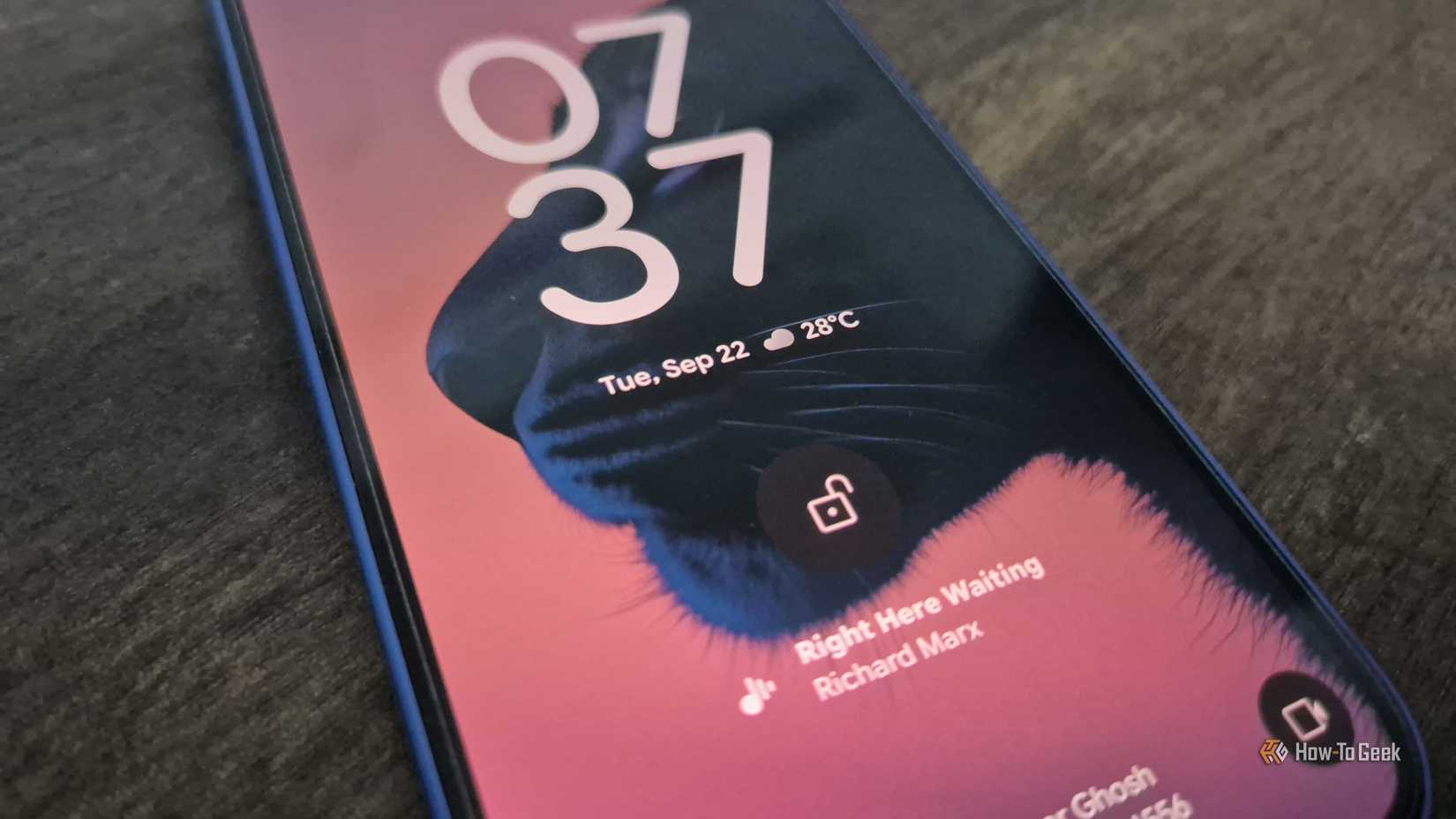 Google Pixel 10 Now Playing feature picking up Right Here Waiting is playing in the background.