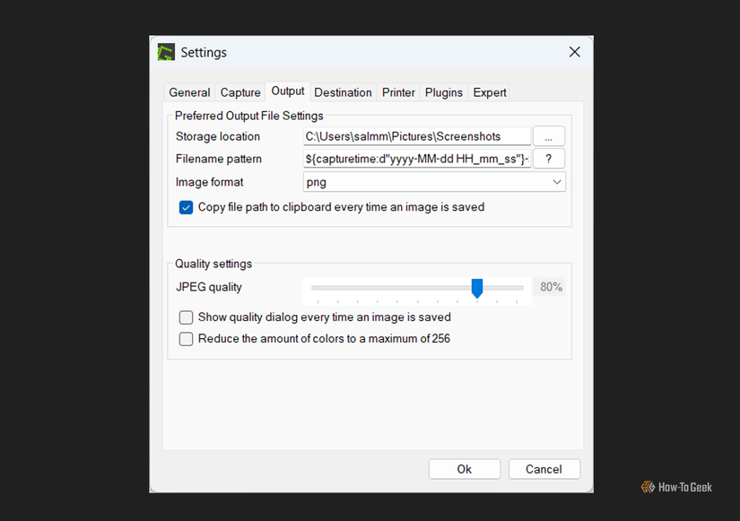 Captura de pantalla de la aplicación Greenshot que muestra la configuración de nombre de archivo que puede establecer como predeterminada