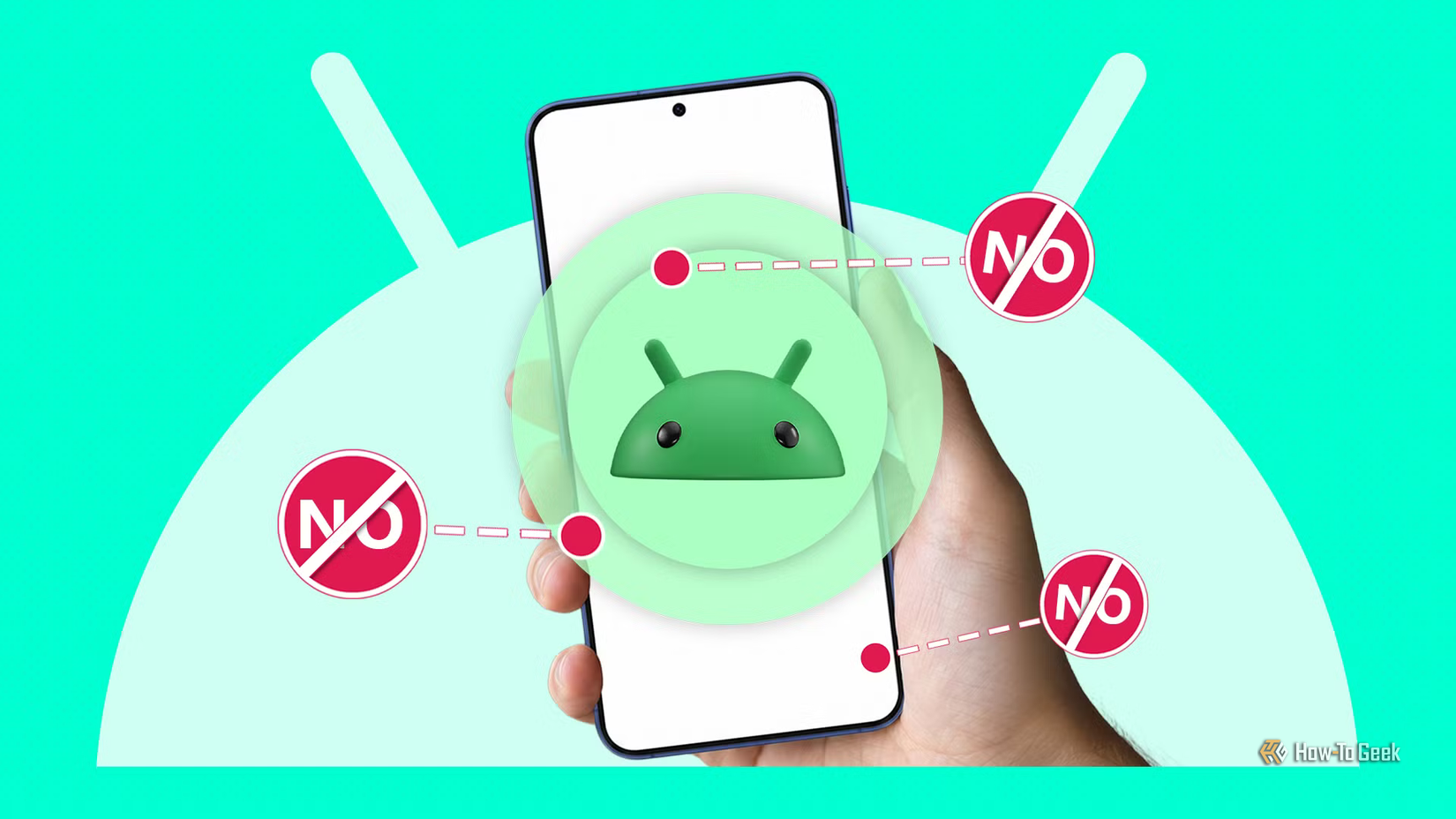 Hand holding a smartphone with a 3D Android logo, surrounded by red 'NO' prohibition signs.