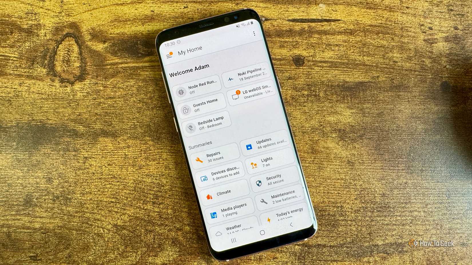 Home Assistant My Home overview dashboard on an Android phone showing quick tiles for lights security climate and energy.