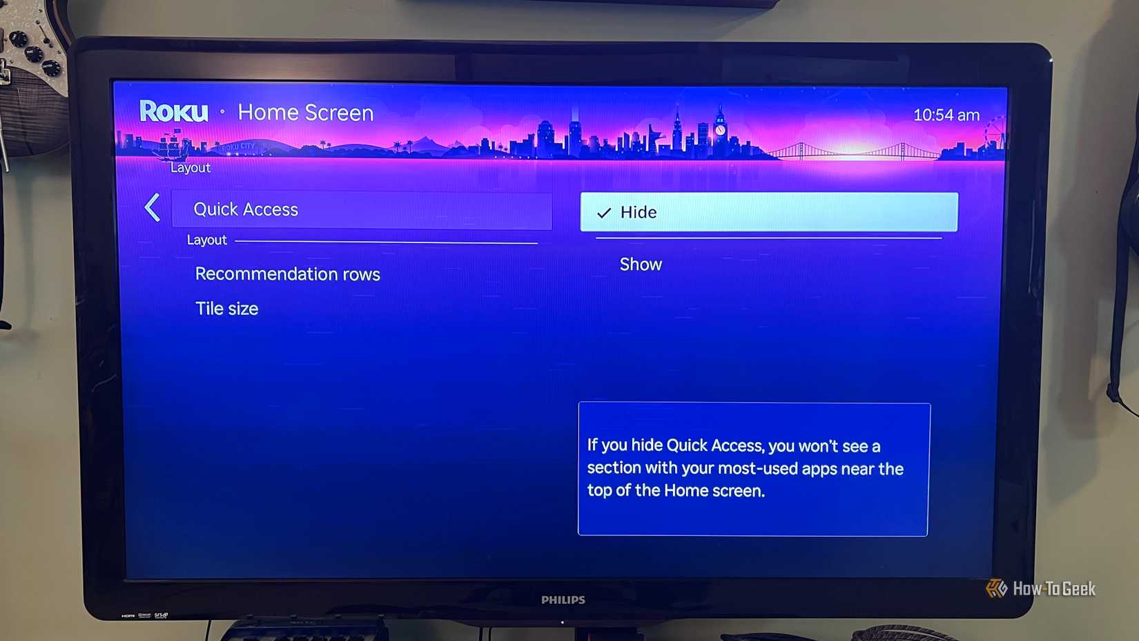 Roku's Home screen settings show Quick Access set to Hide so the extra app row no longer appears on the Home screen.