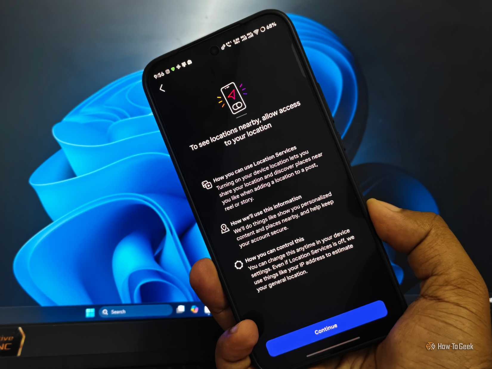 Instagram location services screen on an Android phone explaining how location access is used for nearby places and personalized content