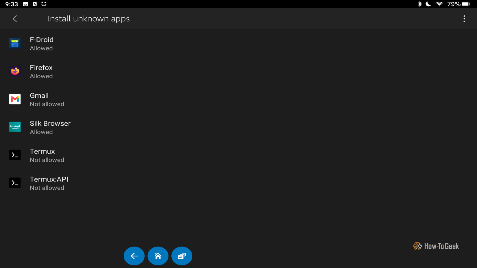 The Amazon Fire Tablet settings screen allowing unknown apps to be installed, with F-Droid, Termux, and Google Play Store prominently displayed.
