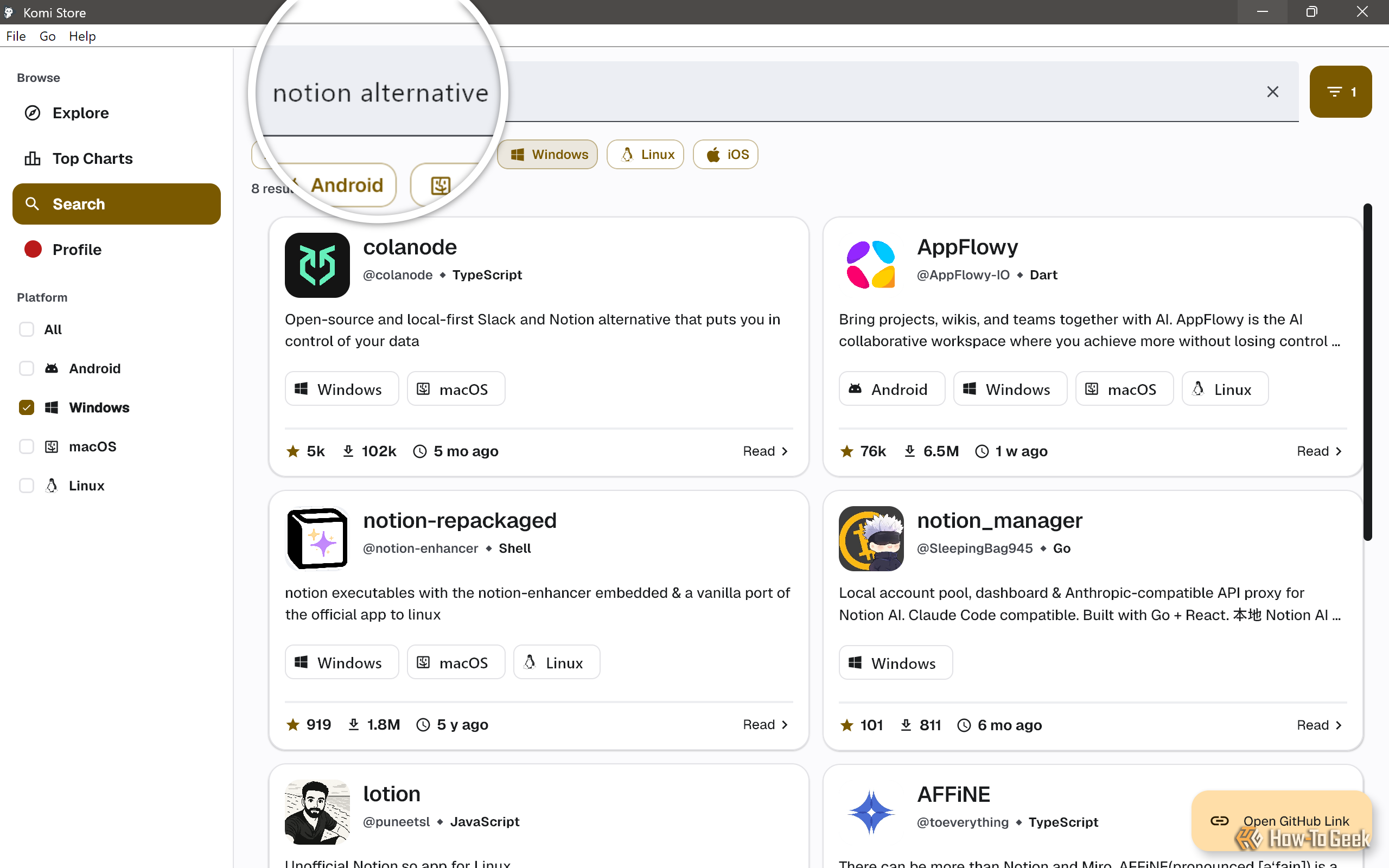 Интерфейс поиска в Komi Store с вариантами замены Notion