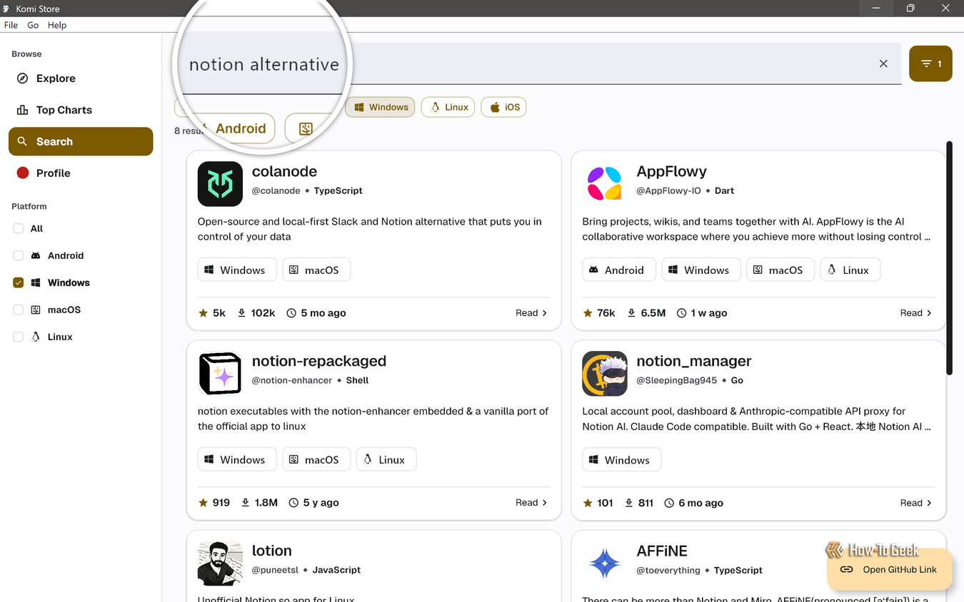 Интерфейс поиска в Komi Store с вариантами замены Notion Интерфейс поиска в Komi Store с вариантами замены Notion