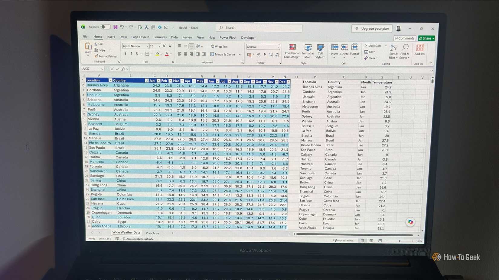 Laptop screen showing Microsoft Excel displaying wide data transformed into a long dataset using Python.