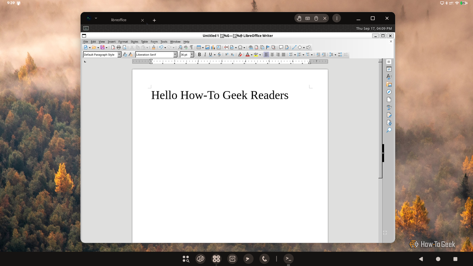 LibreOffice Writer in terminal graphical mode with the words Hello How-To Geek Readers typed on the page.
