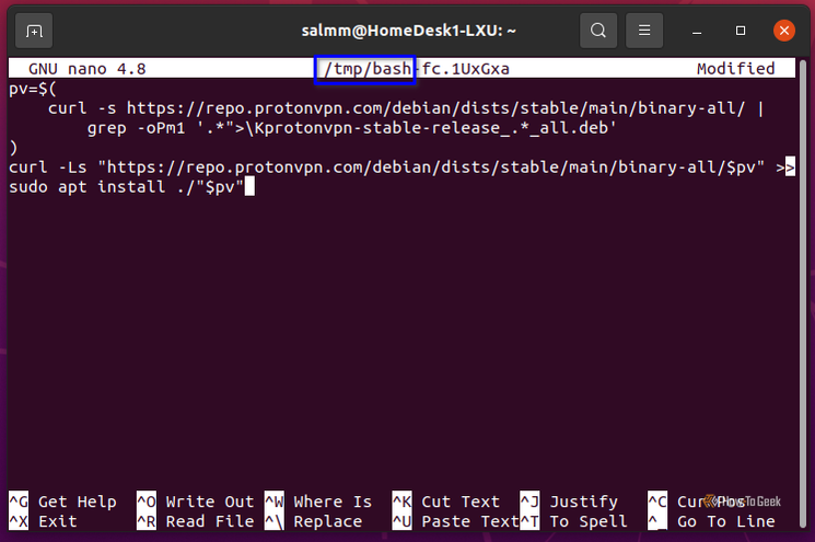 Screenshot showing Linux Nano launched from terminal as a temp command editor