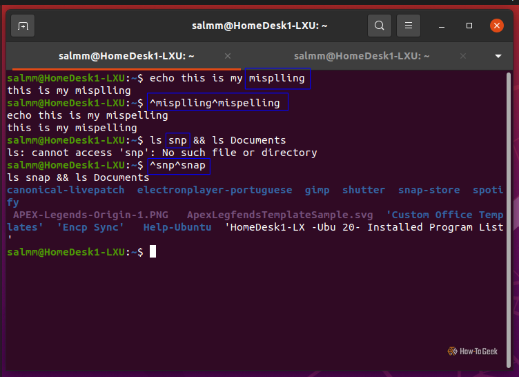 Linux Terminal using Bash, displaying an editing shortcut to correct last command's misspelled word and rerun it.