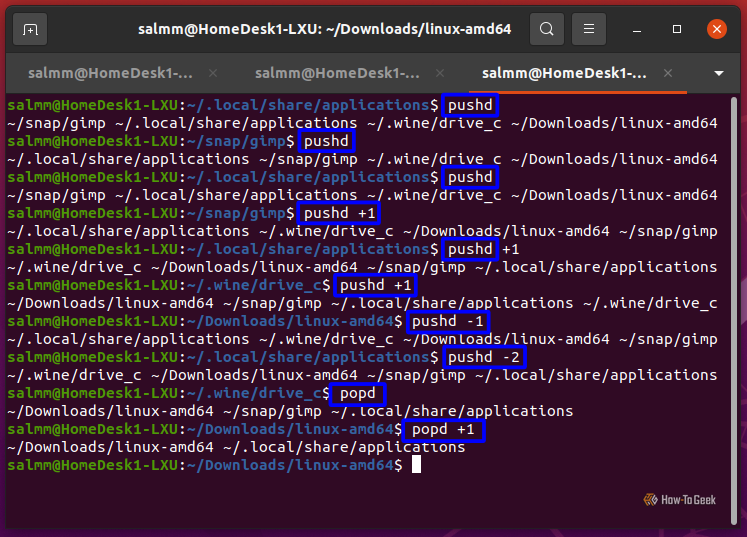 Screenshot showing Linux Bash in the Terminal, displaying a quick short code to switch folders temporarily while preserving the previous one.