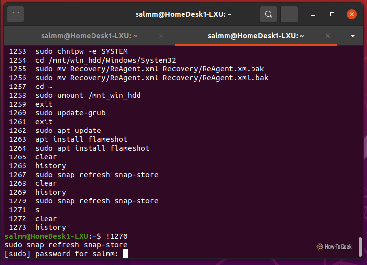 Linux Terminal showing quick-typing shortcuts by using history and shortcode